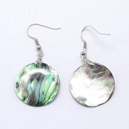 Honeyhandy Abalone Shell Flat Round Dangle Earrings, with Platinum Plated Brass Ear Hooks, 47mm, Pin: 0.8mm