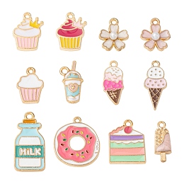 Honeyhandy 12 Style Alloy Enamel Pendants, Cupcake & Cake & Ice-cream & Milkshake & Bottle & Doughnut & Sakura Flower, Light Gold, Mixed Color, 20pcs/bag