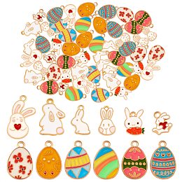 60Pcs 12 Style Alloy Enamel Pendants, Golden, Easter Egg & Rabbit with Radish, Mixed Color, 13.5~25x9~15x1~1.5mm, Hole: 1.4~2mm, 5pcs/style