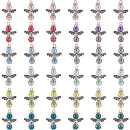 PandaHall Elite 36pcs Angel Wing Beads, Colorful Round Pearl Beads with Antique Silver Wing Charms Angel Fairy Wing Beads Dangle Pendants for DIY Necklace Bracelet Jewelry Keychain Making