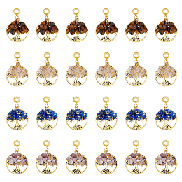 DICOSMETIC 32Pcs 4 Styles Natural Mixed Stone European Dangle Charms, Natural Rose Quartz & Tiger Eye & Lapis Lazuli & Amethyst, Large Hole Pendant, with Alloy Findings, Flat Round with Tree of Life, Golden, 39mm, Pendant: 28.5x25x5~7mm, Hole: 4.5mm, 8pcs/style