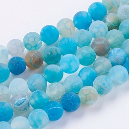 Honeyhandy Natural Weathered Agate Beads Strands, Dyed, Frosted, Round, Deep Sky Blue, 8mm, Hole: 1mm, about 46pcs/strand, 14~15 inch