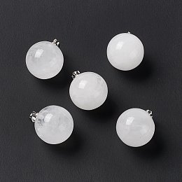 Honeyhandy Natural Quartz Crystal Pendants, Rock Crystal Pendants, with Platinum Tone Brass Findings, Round Charm, 22x18mm, Hole: 3x6mm