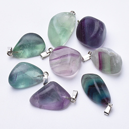 Honeyhandy Natural Fluorite Pendants, with Platinum Tone Alloy Finding, Nuggets, 26~32x15~22x10~16mm, Hole: 7x2mm