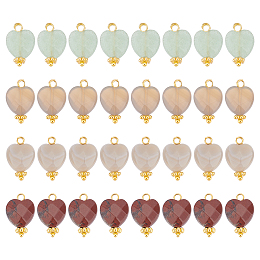 Unicraftale 32Pcs 4 Style Mixed Gemstone Charms, with Golden Tone Brass Findings, Faceted Heart, 15x10x5mm, Hole: 1.6mm, 8pcs/style