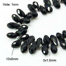 Honeyhandy Crystal Glass Beads Strands, Top Drilled Beads, Faceted, Teardrop, Black, 13x6mm, Hole: 1mm, about 100pcs/strand, 16.5 inch