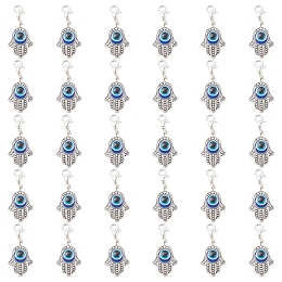 SUNNYCLUE 30Pcs Alloy Pendants, with Resin Beads and Zinc Alloy Lobster Claw Clasps, Hamsa Hand with Evil Eye, Antique Silver & Platinum, Royal Blue, 40mm