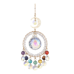 Honeyhandy Natural Gemstone Bead Pendant Decorations, Suncatchers Hanging, with Teardrop/Octagon Glass Pendants and Moon Brass Link, 245mm