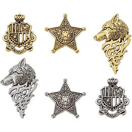 FINGERINSPIRE 6 Style Wolf Head Alloy Brooches Sirius Theme Alloy Pin Metal Star Brooch Silver Golden Shield Shape Brooch Vintage Lapel Pins for Costume Accessories Retro Breastpin Gift for Men