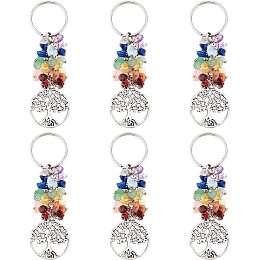 SUPERFINDINGS 6Pcs Tree of Life Keychain Natural Crystal Stone Handmade DIY Keychain Charm Pendant Flat Round with Tree Gemstone Key Chain Charm for Handmade DIY Lucky Bag Charms Keyring