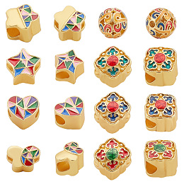 PandaHall Elite 16Pcs 8 Style Alloy Enamel European Beads, Large Hole Beads, Matte Style, Cadmium Free & Lead Free, Mixed Shapes, Matte Gold Color, Mixed Color, 7.5~11x10~11.5x8~10mm, hole: 2~4mm, 2pcs/style