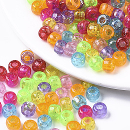 Arricraft Transparent Acrylic European Beads, Large Hole Beads, with Glitter Powder, AB Colour Plated, Column, Mixed Color, 6x9mm, Hole: 4mm, about 1900pcs/500g