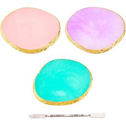 FINGERINSPIRE 3 Pcs Resin Nail Art Palette Gold Edge Nail Holder Purple/Green/Pink Nail Art Display Board with Spatula Tool Nail Art Painting Mixed Color Palette for Mixing Foundation Eyelash