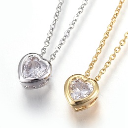 Honeyhandy 304 Stainless Steel Pendant Necklaces, with Brass Cubic Zirconia Pendant, Heart, Clear, Mixed Color, 17.6 inch(45cm), Pendant: 7x7x4mm