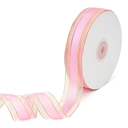 Honeyhandy Solid Color Organza Ribbons, Golden Wired Edge Ribbon, for Party Decoration, Gift Packing, Pearl Pink, 1"(25mm), about 50yard/roll(45.72m/roll)