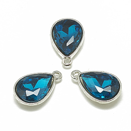 Honeyhandy Alloy Glass Charms, Faceted, teardrop, Platinum, Teal, 14.5x9x5mm, Hole: 1.5mm