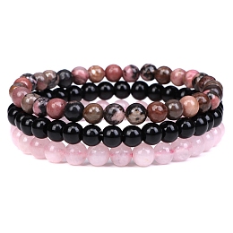 Honeyhandy 3Pcs 3 Style Natural Rhodonite & Black Agate & Rose Quartz Round Beaded Stretch Bracelets Set, Gemstone Stackable Bracelets for Woman, Wide: 6mm, 7-1/4~7-1/2 inch(18.5~19cm), 1Pc/style