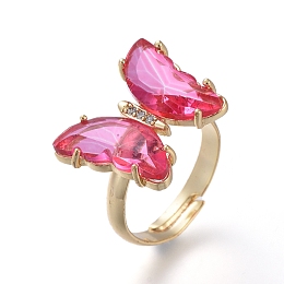 Honeyhandy Adjustable Brass Glass Finger Rings, with Clear Cubic Zirconia, Butterfly, Golden, Hot Pink, Size 7, Inner Diameter: 17mm