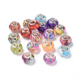 Honeyhandy Transparent Resin European Rondelle Beads, Large Hole Beads, with Polymer Clay and Platinum Tone Alloy Double Cores, Mixed Color, 14x8.5mm, Hole: 5mm