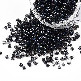 Honeyhandy 12/0 Glass Seed Beads, Inside Colours, Round Hole, Round, Transparent Colours Rainbow, Black, 12/0, 2~2.5x1.5~2mm, Hole: 0.8mm, about 30000pcs/bag