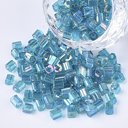 Honeyhandy 6/0 Glass Seed Beads, Transparent Colours Rainbow, Square Hole, Cube, Sky Blue, 6/0, 3~5x3~4x3~4mm, Hole: 1.2~1.4mm, about 4500pcs/bag