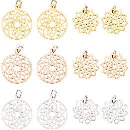 DICOSMETIC 12pcs 2 Styles 3 Colors Flower of Life Charms 304 Stainless Steel Chakra Hollow Flower Charms Filigree Flower Pendants Geometry Charms for Jewelry Making,Hole:3mm