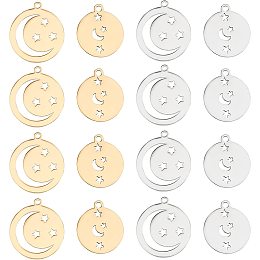 DICOSMETIC 16Pcs 4 Style Stainless Steel Pendants Flat Round with Moon and Star Charms Pendants in Golden Color for DIY Craft Jewelry Making Bracelet Necklace Pendant Earring Accessories