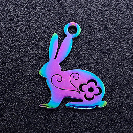 Honeyhandy Ion Plating(IP) 201 Stainless Steel Bunny Pendants, Rabbit, Easter Bunny, Rainbow Color, 16x12x1mm, Hole: 1.5mm