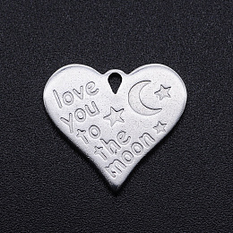 Honeyhandy Valentine's Day Theme, 201 Stainless Steel Pendants, Heart with Word Love You to The Moon, Stainless Steel Color, 17x18x1mm, Hole: 1.5mm