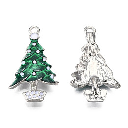 Honeyhandy Alloy Christmas Tree Enamel Pendants For Christmas Day, Platinum, Green, 34x19.5x3mm, Hole: 1mm