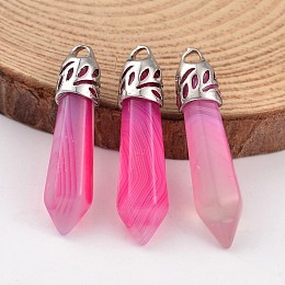 Honeyhandy Dyed Bullet Natural Agate Pendants, with Platinum Tone Alloy Findings, 33~40x8~10mm, Hole: 3x2mm