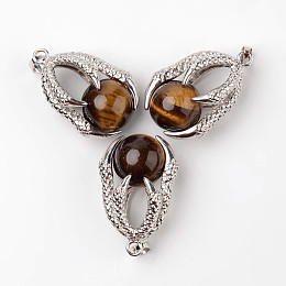 Honeyhandy Eagle Claw Alloy Natural Tiger Eye Pendants, Platinum, 34~36x22~24x16mm, Hole: 5x8mm