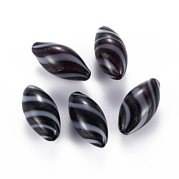 Honeyhandy Opaque Handmade Blown Glass Globe Beads, with Glitter Powder, Stripe Pattern, Rice, Black, 25~27x12~13mm, Hole: 1~2mm