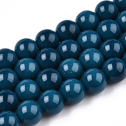 Opaque Solid Color Glass Beads Strands, Round, Marine Blue, 8~8.5mm, Hole: 1.5mm, about 51~53pcs/strand, 14.96 inch~15.55 inch(38~39.7cm)