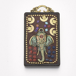 Honeyhandy Handmade Indonesia Big Pendants, Wood Settings, with Brass Findings and Alloy Loop, Rectangle with Hindu Elephant God Lord Ganesh Statue, Colorful, 57x32x12mm, Hole: 6x3mm