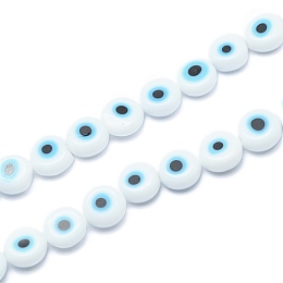 Honeyhandy Handmade Evil Eye Lampwork Flat Round Bead Strands, White, 8x3.2mm, Hole: 1mm, about 49pcs/strand, 14.56 inch