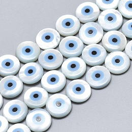 Honeyhandy Natural White Shell Mother of Pearl Shell Beads, with Natural Turquoise, Evil Eye, Deep Sky Blue, 10x3mm, Hole: 0.7mm