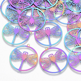 Honeyhandy Ion Plating(IP) 201 Stainless Steel Filigree Pendants, Etched Metal Embellishments, Flat Round with Dragonfly, Rainbow Color, 27x24.5x0.3mm, Hole: 1.2mm