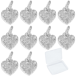 SUNNYCLUE 10Pcs Brass Micro Pave Cubic Zirconia Charms, Heart, Platinum, 9x8x2mm, Hole: 3mm