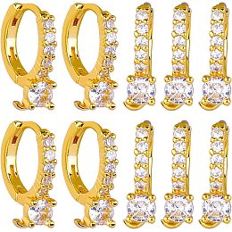 10Pcs Brass Micro Pave Clear Cubic Zirconia Hoop Earring Findings, with Vertical Loops, Real 18K Gold Plated, 15.5x14x4.5mm, Hole: 2.5mm, Pin: 0.6mm