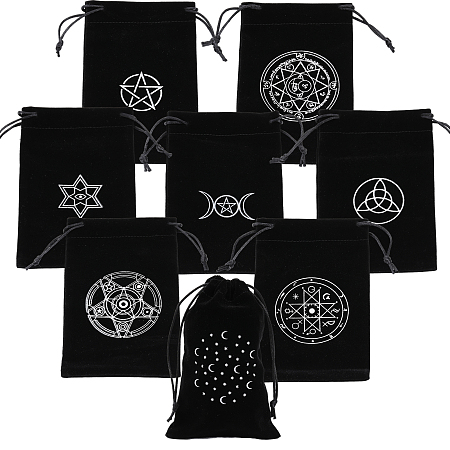 CHGCRAFT 8Pcs 8Styles Tarot Cards Fabric Bag Rectangle Black Velvet Craft Drawstring Bags Tarot Cards Storage Pouches for Playing Cards Jewelry Storage, 4.53x7.09x0.08inch