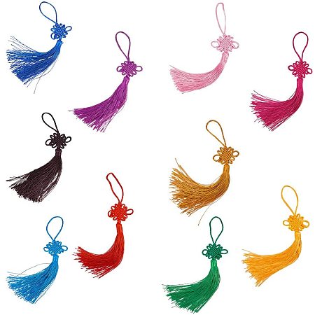 NBEADS 10 Pcs Polyester Chinese Knot Tassel Pendants, Satin Silk Chinese Knots Pendant Gift for Home Office Door Decor Car Bag Handing Decoration DIY Craft, Mixed Color