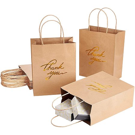 PandaHall Elite Thank You Party Bags, 15 Pack Gold Foil Kraft Paper Gift Bags Brown Recycled Bags with Handle Party Favor Bags for Wedding Birthday Baby Shower Party Favors Goodies, 8x4x10 Inch