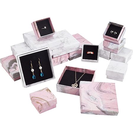 PandaHall Elite 16pcs Marble Paper Cardboard Jewelry Box, 2 Size White Filled Gift Boxes Pink Display Case Jewelry Boxes Case with Sponge Mat for Necklace Bracelet Ring Gift Wrapping Valentine's Day