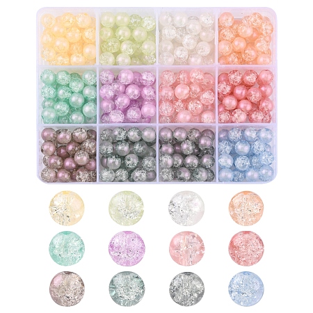 Honeyhandy 300Pcs 12 Colors Translucent Crackle Glass Beads Strands, with Glitter Powder, Round, Mixed Color, 8x7.5mm, Hole: 1mm, 25pcs/color