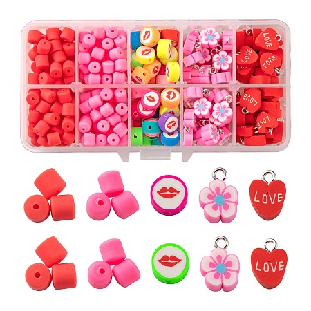 Arricraft Valentine's Day Themed Handmade Polymer Clay Beads, Column & Flower & Heart, Mixed Color, 340pcs/box