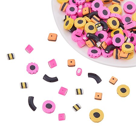NBEADS 200 Pcs Mixed Shape Handmade Polymer Clay Beads, Mixed Color, 7~14x7~12x4~6mm, Hole: 1mm