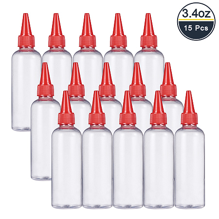 BENECREAT 15Pack 3.4 Ounce Clear Tip Applicator Bottle Plastic Squeeze Bottle with Red Tip Caps - Good For Crafts, Art, Glue, Multi Purpose