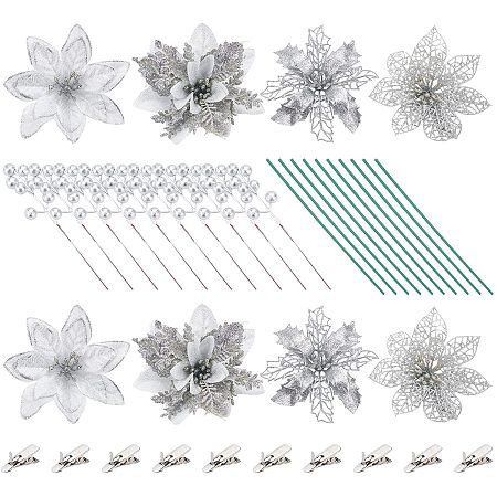 SUPERFINDINGS 16pcs Glitter Silver Poinsettia Flowers Plastic 12pcs Artificial Flower Christmas Berry Picks with 20pcs Wire Stems and 16pcs Alligator Clips for DIY Craft