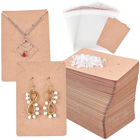 PandaHall Elite 150 pcs 3.5 x 2.3 Inch Earring Card Holder Earring Neckalce NULL with 300 pcs Plastic Ear Nuts 200 pcs 4.7 x 4.1 Inch OPP Cellophane Bags for Ear Studs Jewelry Kraft, Burlywood